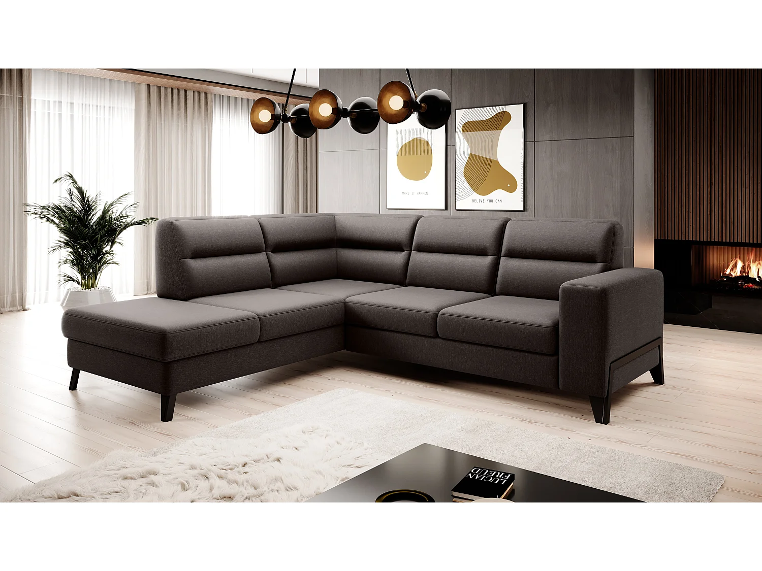 Canapé d'angle convertible tissu KAZAL - Dossiers réglables et pieds acier noir-Chocolat-angle gauche