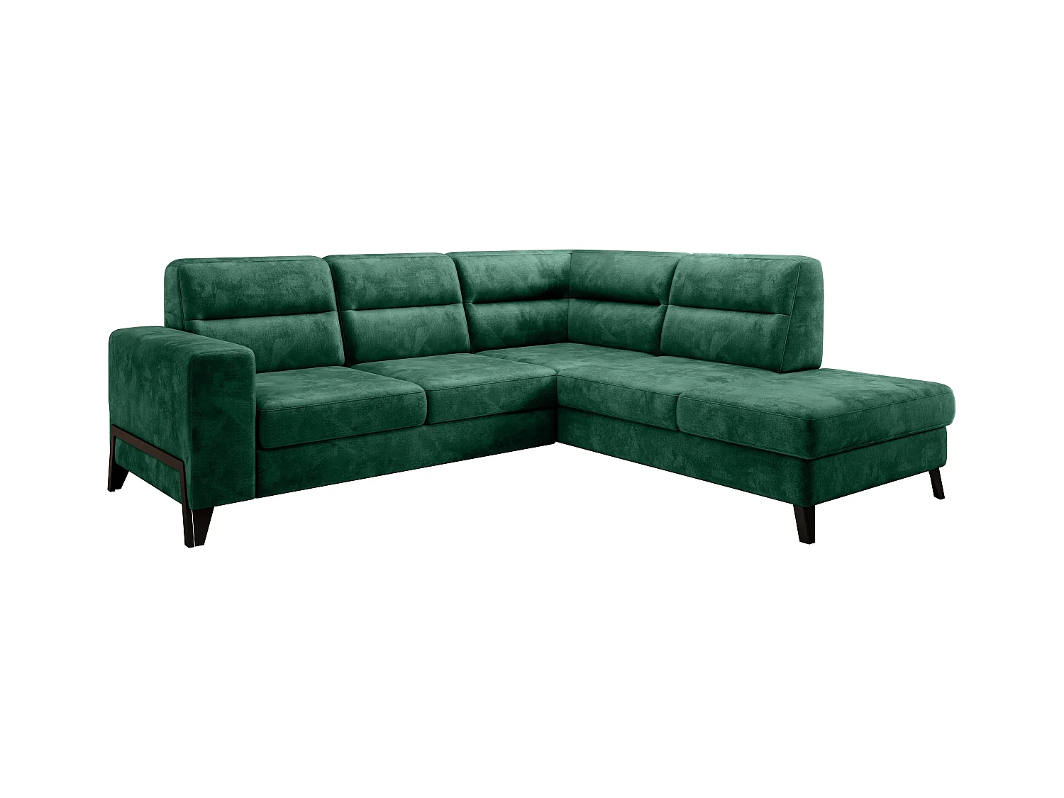 Canapé angle droit convertible tissu doux vert et pieds acier noir Kassidi 277cm