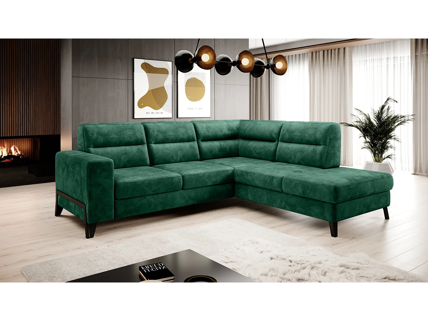 Canapé angle droit convertible tissu doux vert et pieds acier noir Kassidi 277cm