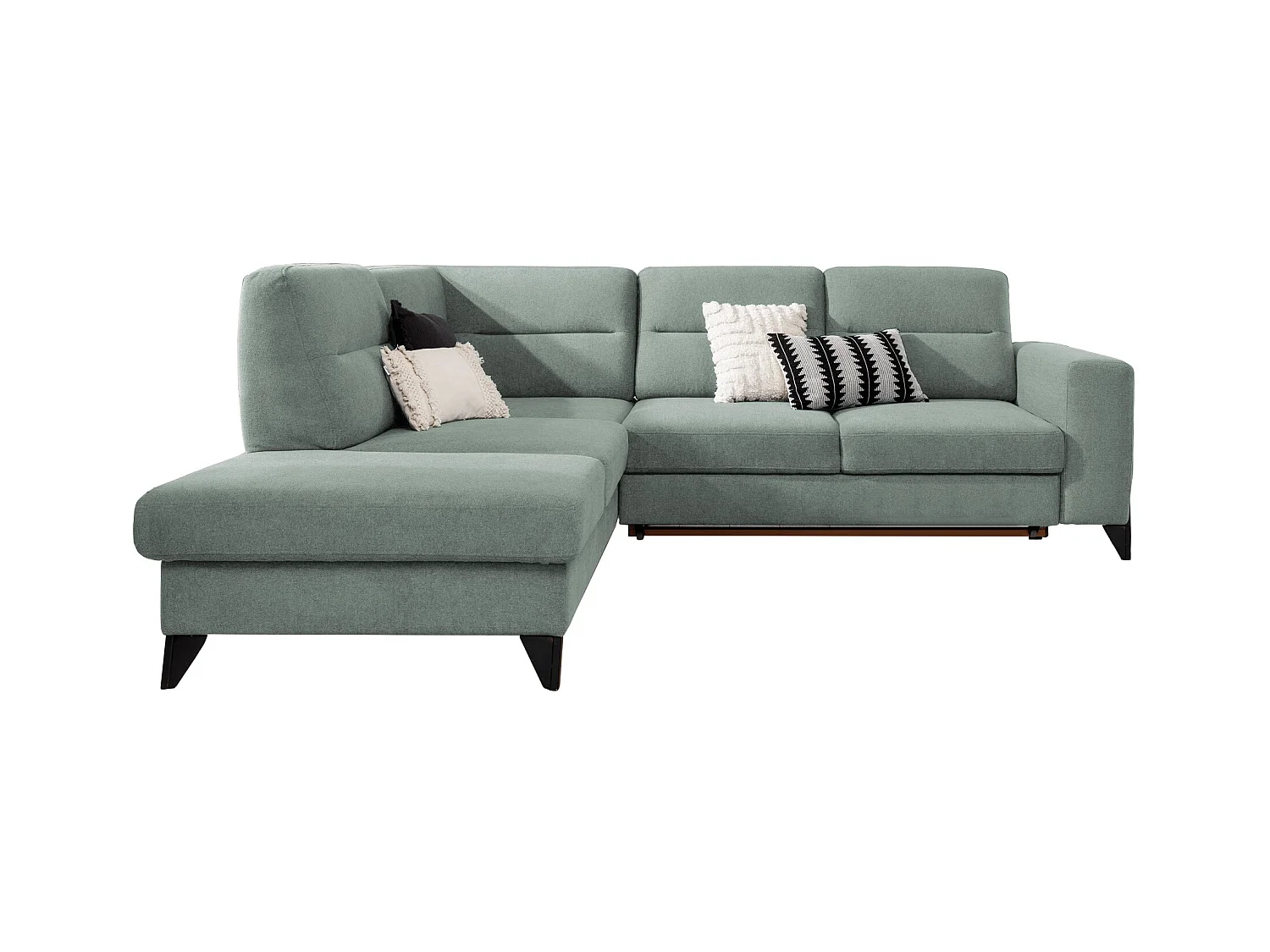 Canapé angle gauche convertible tissu vert d'eau et pieds acier noir Kassidi 277cm