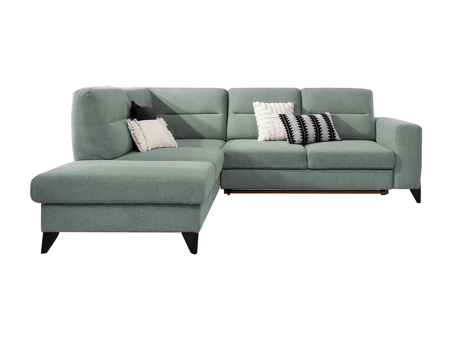 Canapé angle gauche convertible tissu vert d'eau et pieds acier noir Kassidi 277cm