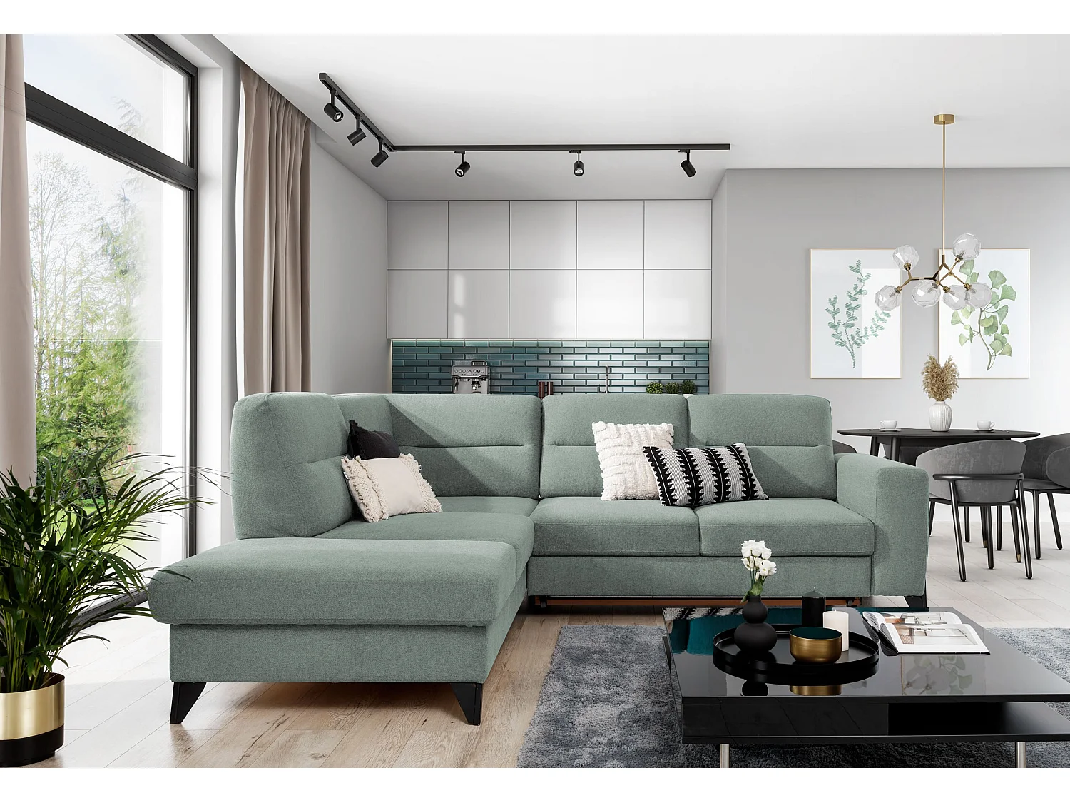 Canapé angle gauche convertible tissu vert d'eau et pieds acier noir Kassidi 277cm