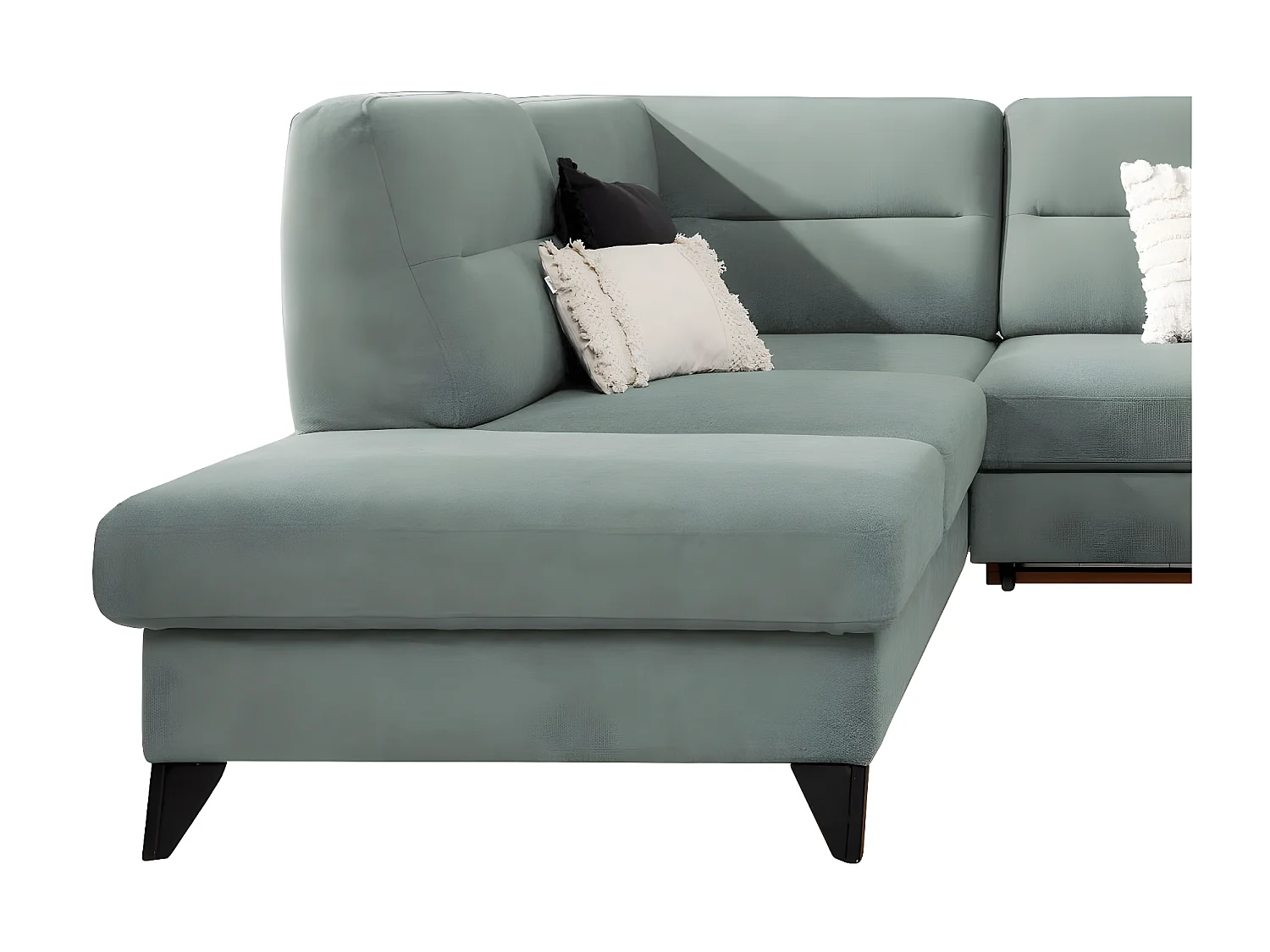 Canapé angle gauche convertible tissu vert d'eau et pieds acier noir Kassidi 277cm