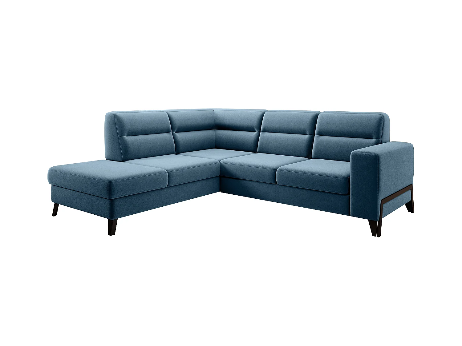 Canapé angle gauche convertible tissu bleu canard et pieds acier noir Kassidi 277cm