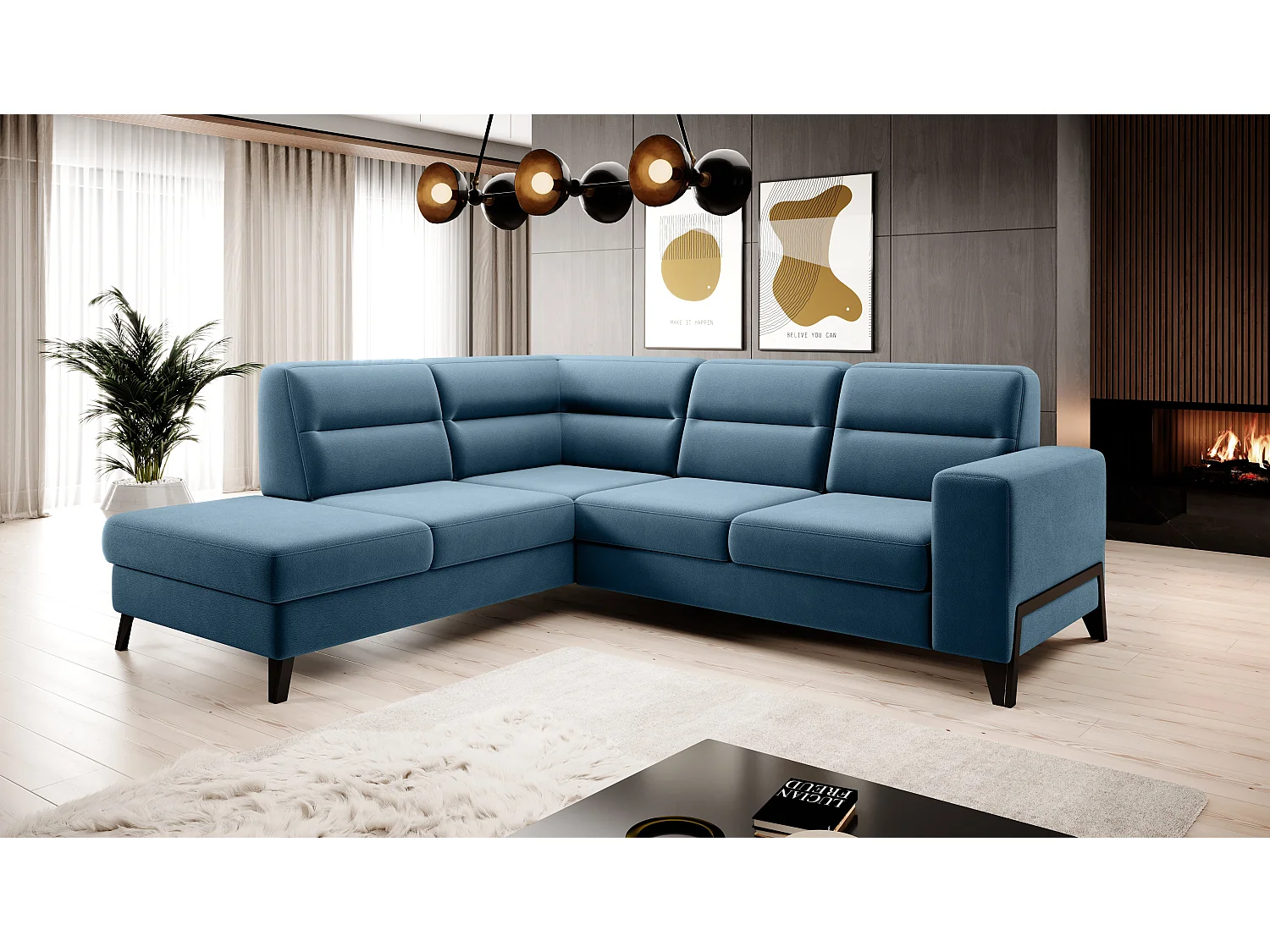 Canapé angle gauche convertible tissu bleu canard et pieds acier noir Kassidi 277cm