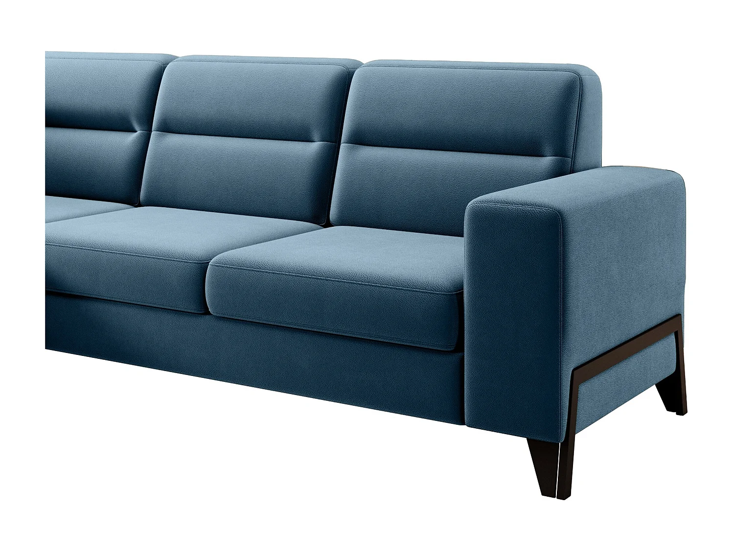 Canapé angle gauche convertible tissu bleu canard et pieds acier noir Kassidi 277cm