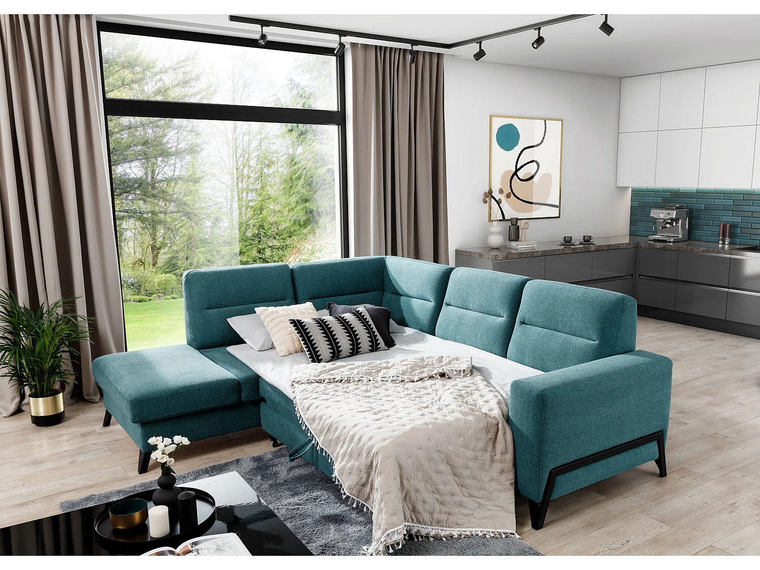 Canapé angle gauche convertible tissu bleu canard et pieds acier noir Kassidi 277cm