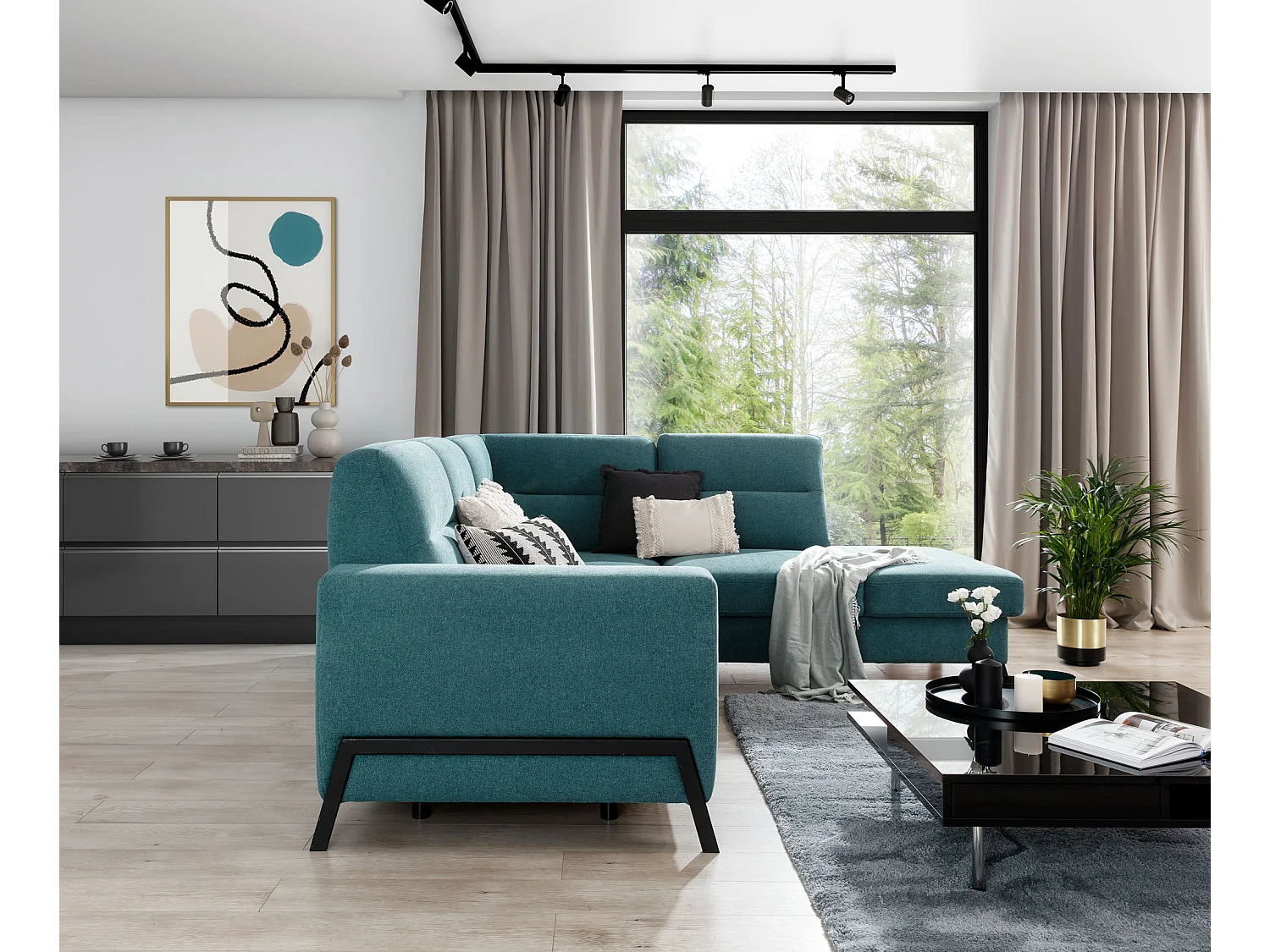 Canapé angle droit convertible tissu doux bleu nuit et pieds acier noir Kassidi 277cm