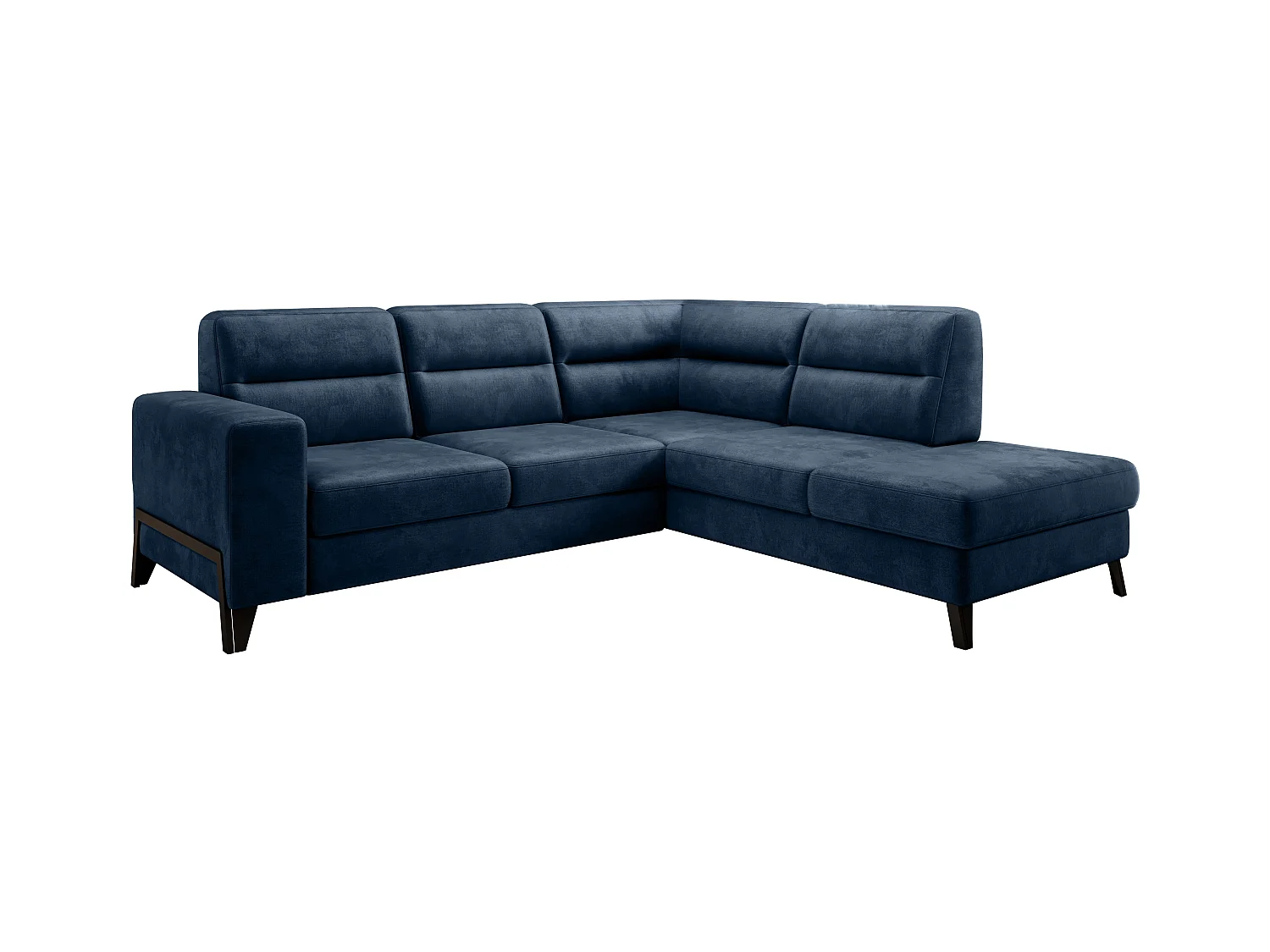 Canapé angle droit convertible tissu doux bleu nuit et pieds acier noir Kassidi 277cm
