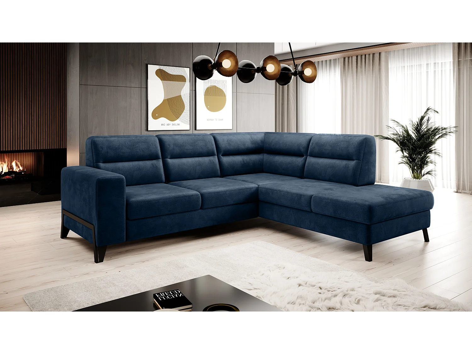 Canapé angle droit convertible tissu doux bleu nuit et pieds acier noir Kassidi 277cm