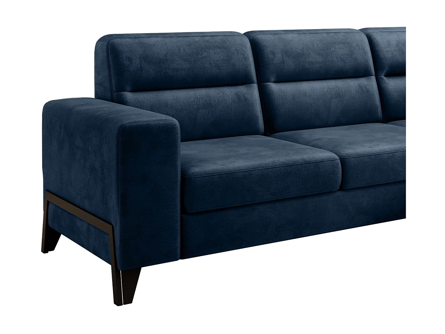 Canapé angle droit convertible tissu doux bleu nuit et pieds acier noir Kassidi 277cm