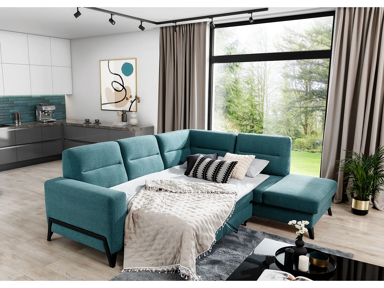 Canapé angle droit convertible tissu doux bleu nuit et pieds acier noir Kassidi 277cm