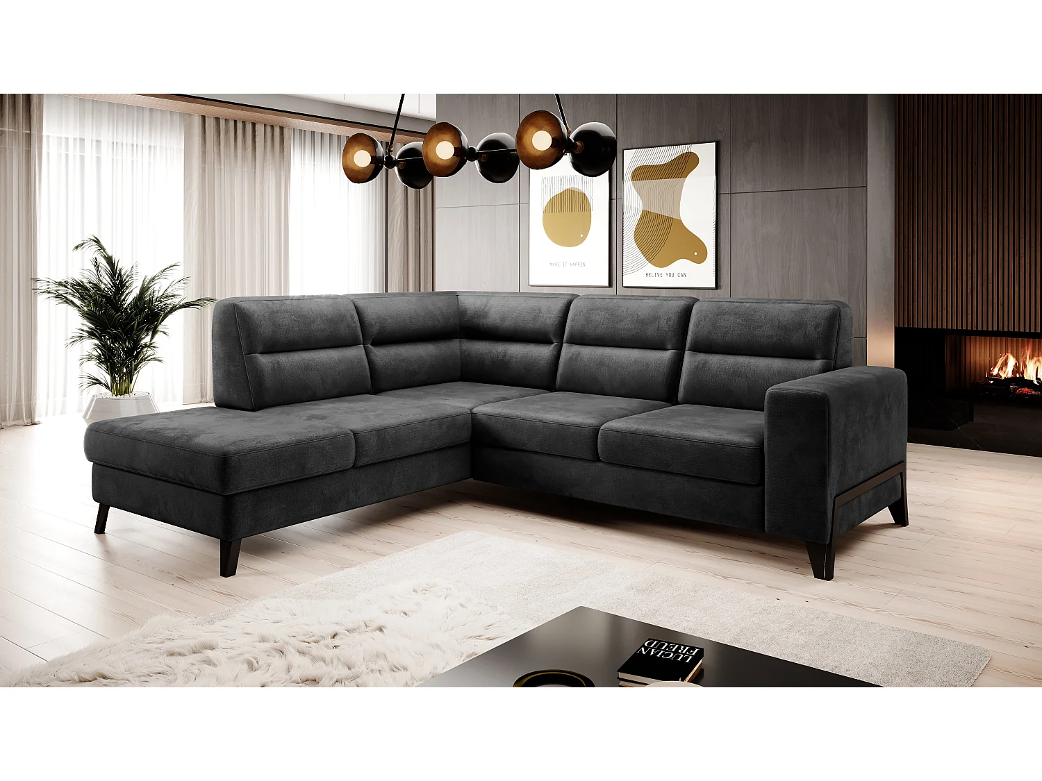 Canapé angle gauche convertible tissu doux noir et pieds acier noir Kassidi 277cm