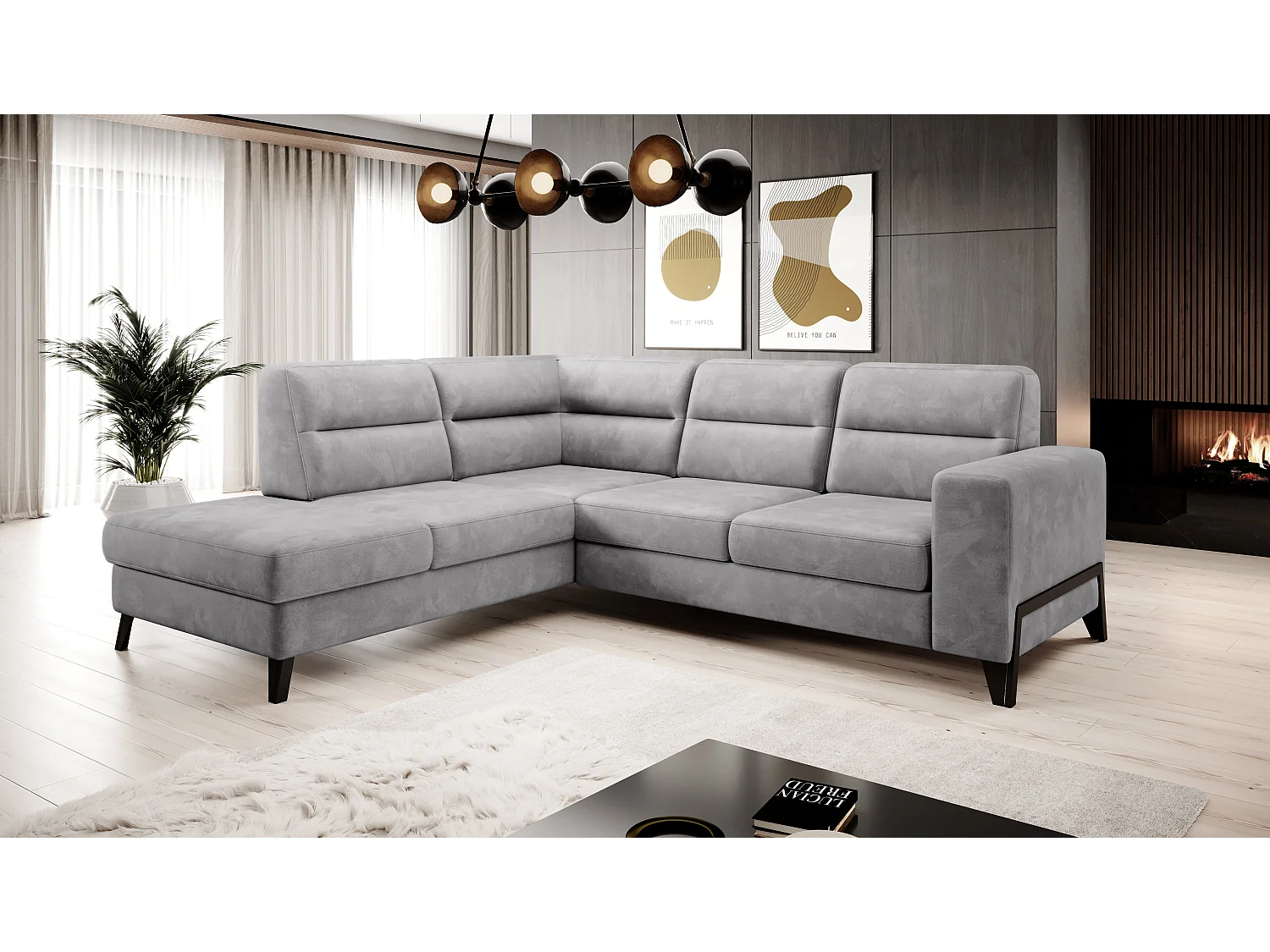 Canapé angle gauche convertible tissu doux gris et pieds acier noir Kassidi 277cm