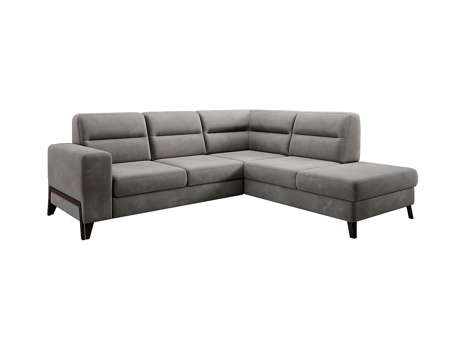 Canapé angle droit convertible velours marron meuse et pieds acier noir Kassidi 277cm