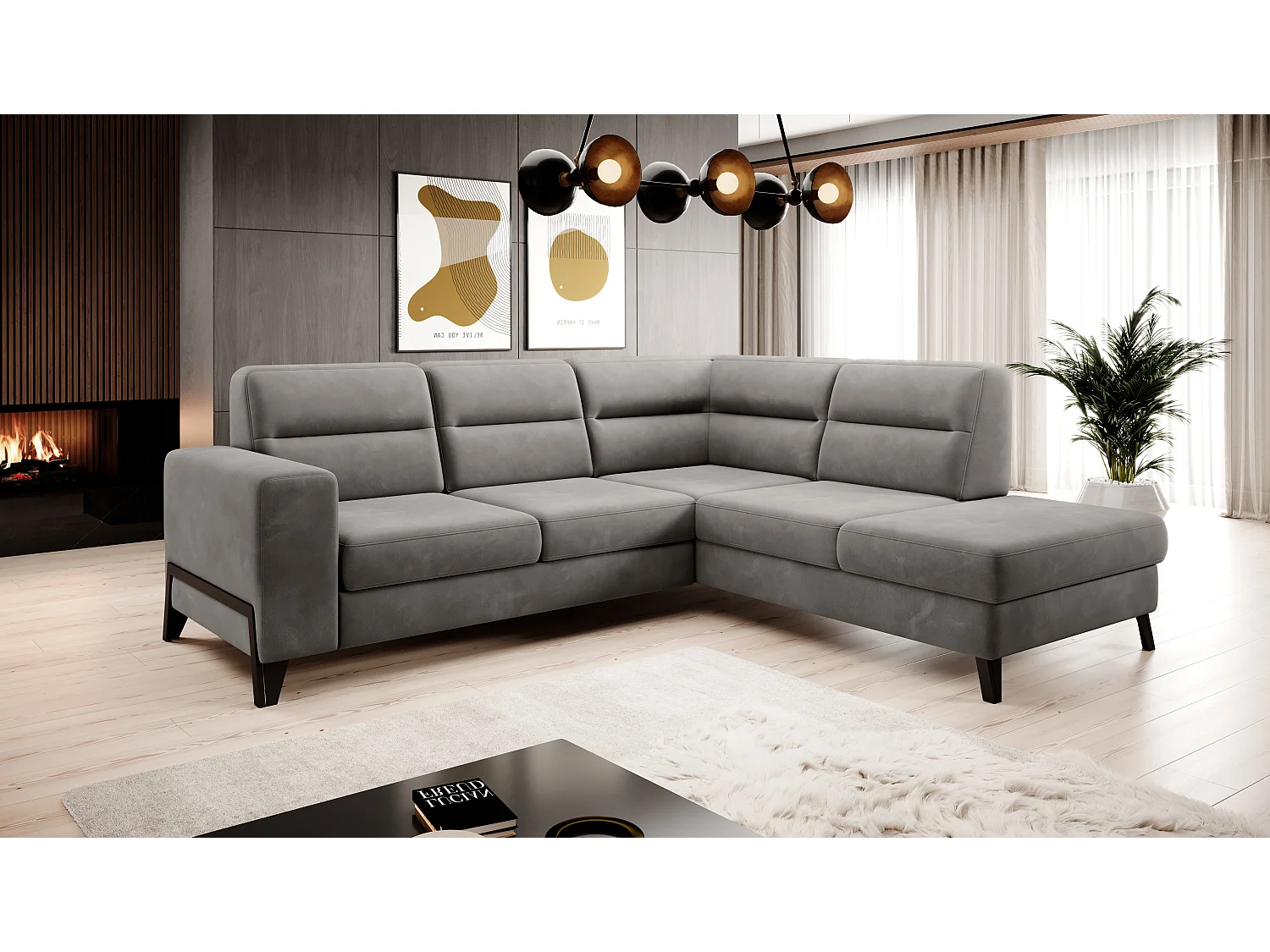 Canapé angle droit convertible velours marron meuse et pieds acier noir Kassidi 277cm