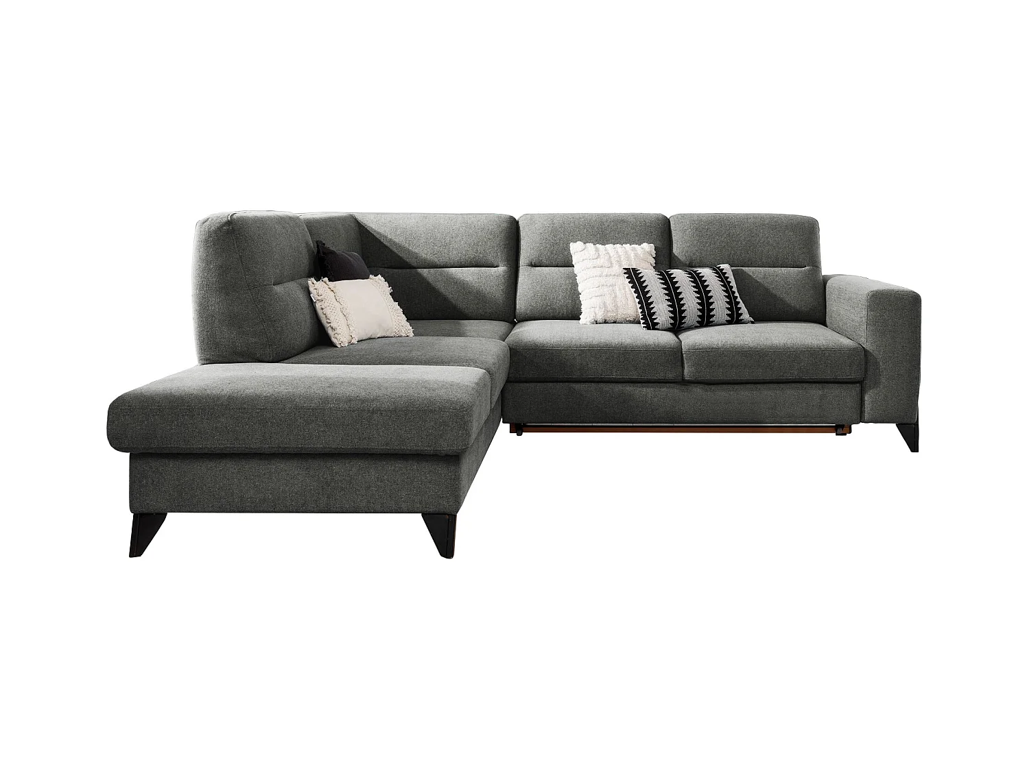 Canapé angle gauche convertible tissu gris foncé et pieds acier noir Kassidi 277cm