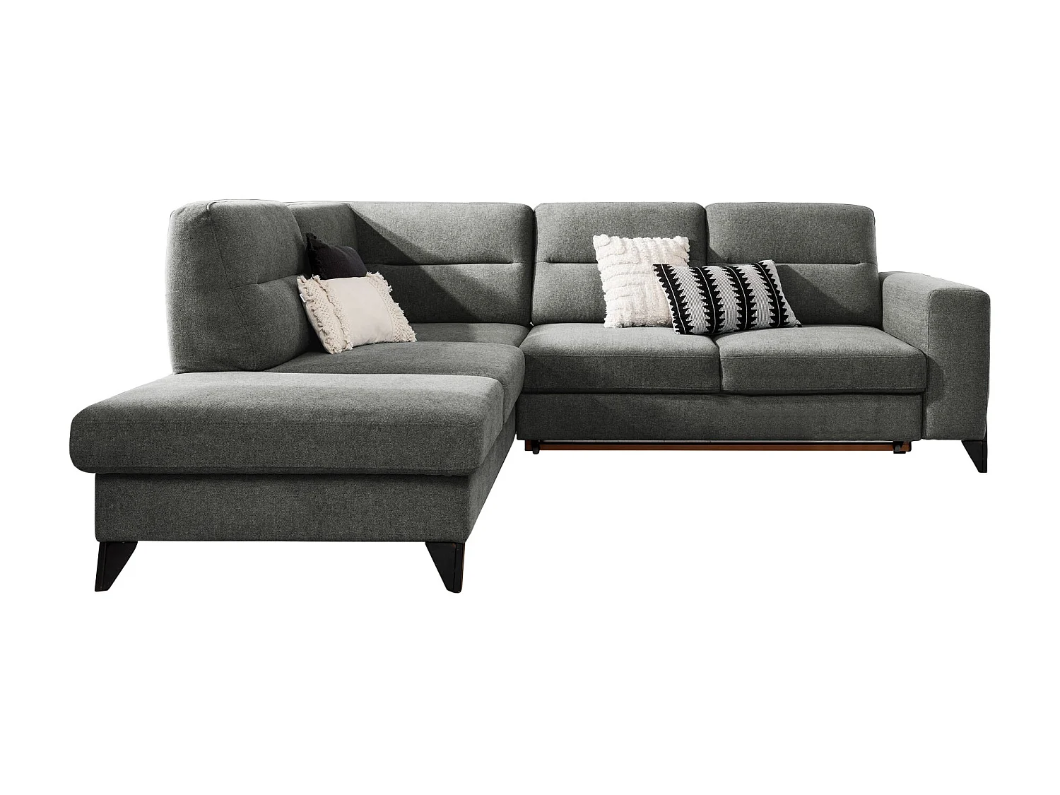 Canapé angle gauche convertible tissu gris foncé et pieds acier noir Kassidi 277cm