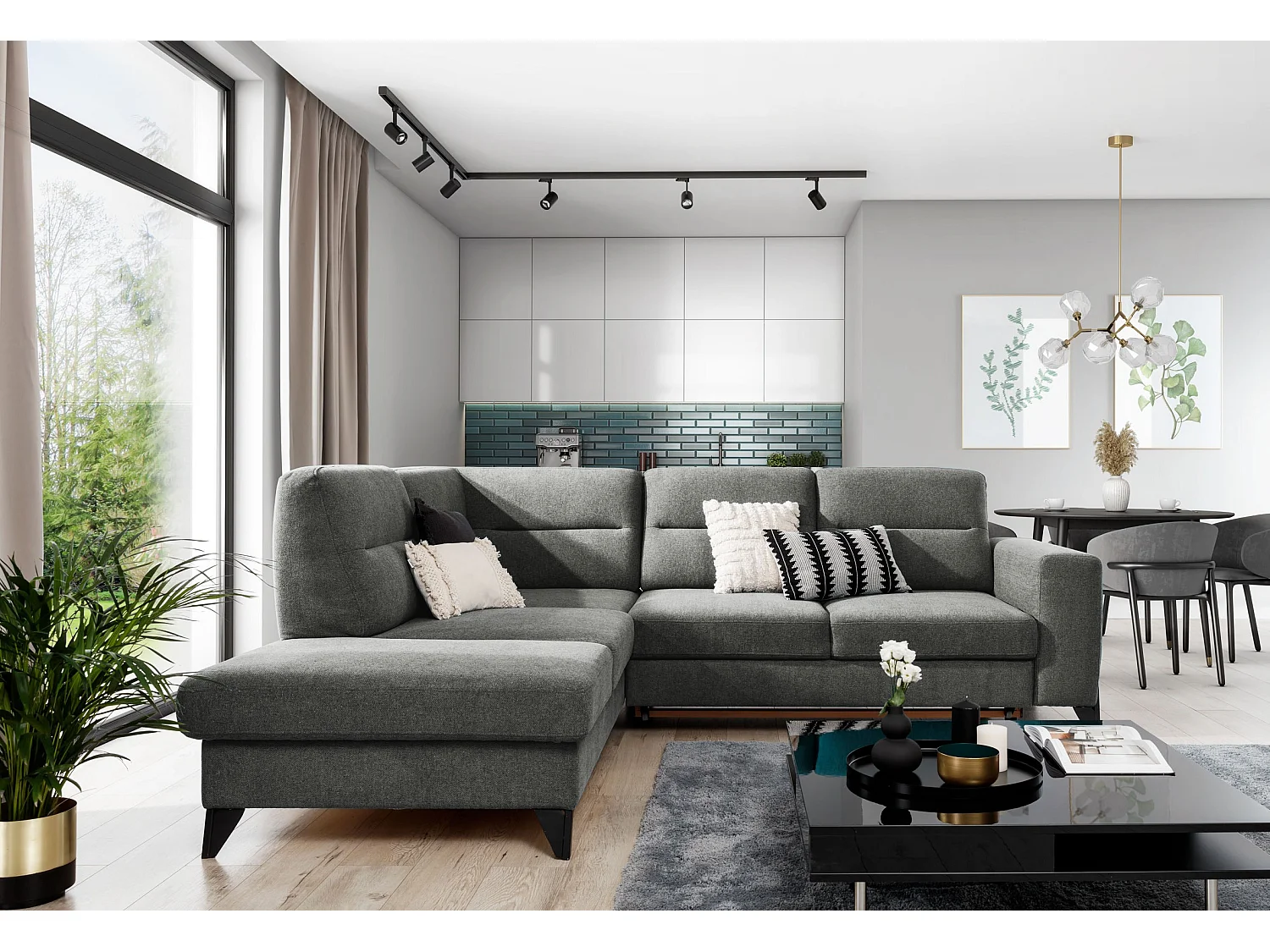 Canapé angle gauche convertible tissu gris foncé et pieds acier noir Kassidi 277cm