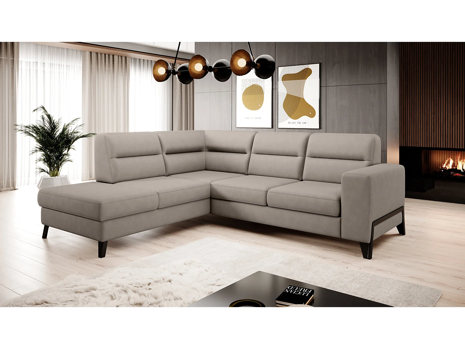 Canapé angle gauche convertible tissu beige clair et pieds acier noir Kassidi 277cm