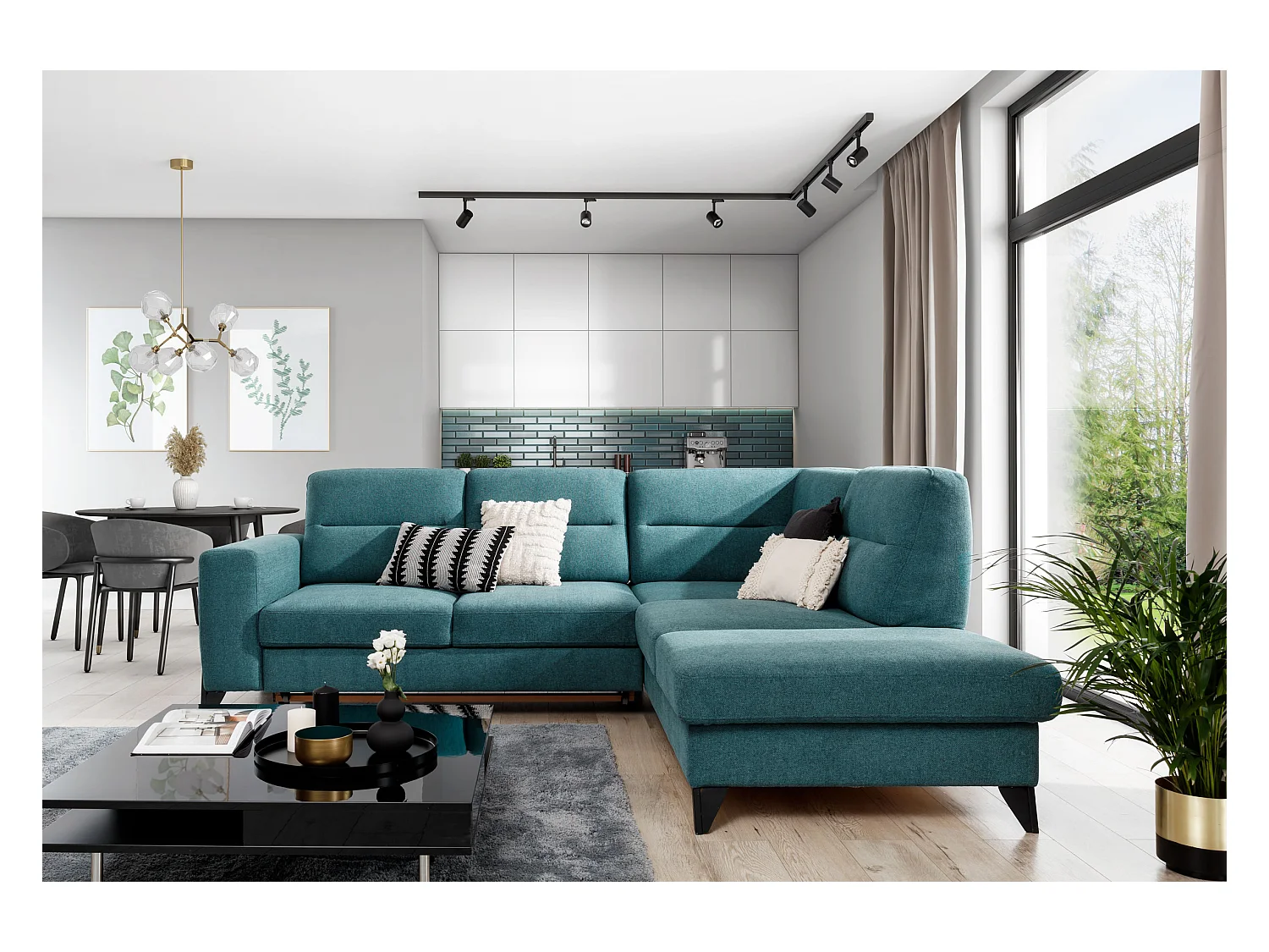 Converteerbare hoekbank rechts in beige stof en zwarte stalen poten Kassidi 277 cm