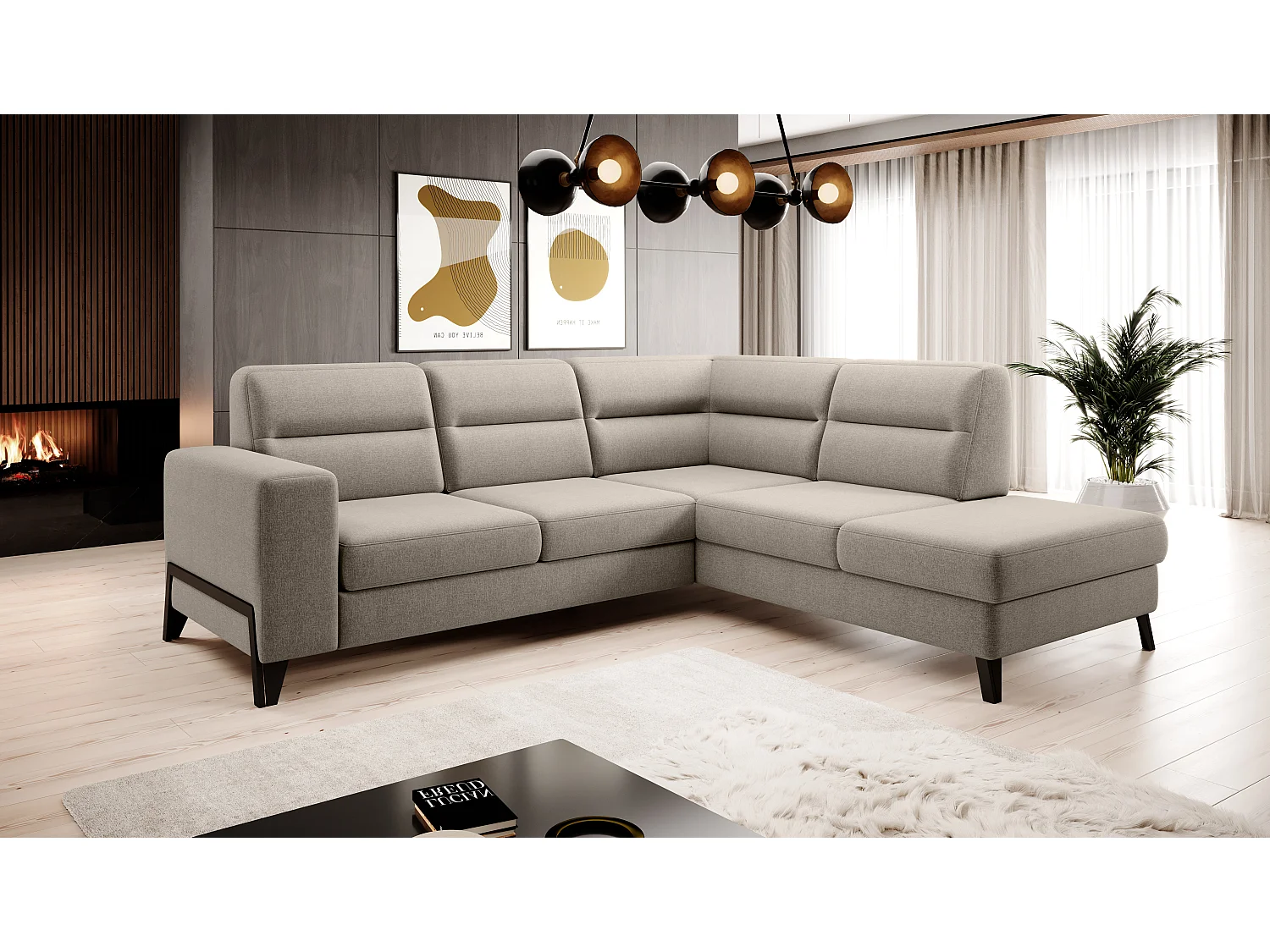 Canapé angle droit convertible tissu beige et pieds acier noir Kassidi 277cm