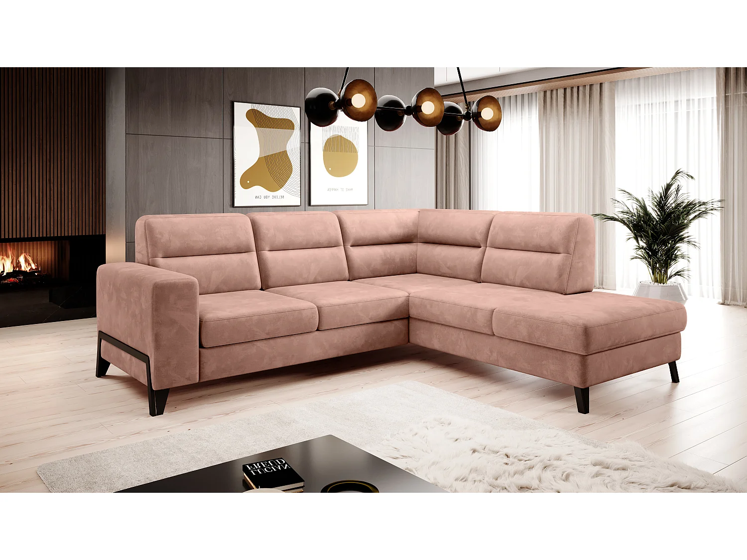 Canapé angle droit convertible tissu doux abricot clair et pieds acier noir Kassidi 277cm