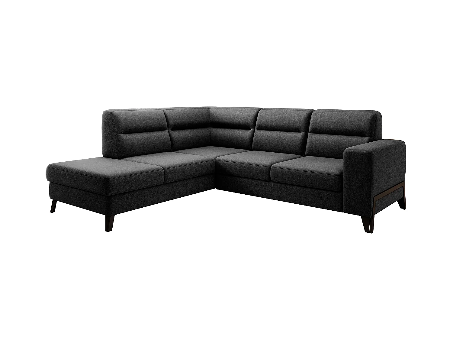 Canapé angle gauche convertible tissu noir et pieds acier noir Kassidi 277cm