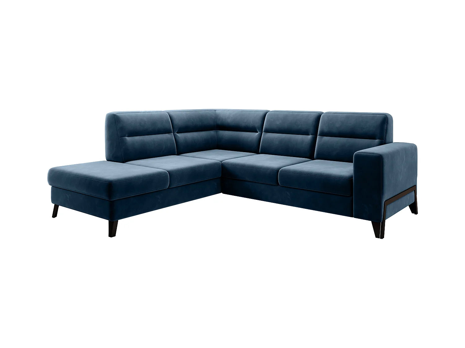 Canapé angle gauche convertible tissu bleu foncé et pieds acier noir Kassidi 277cm