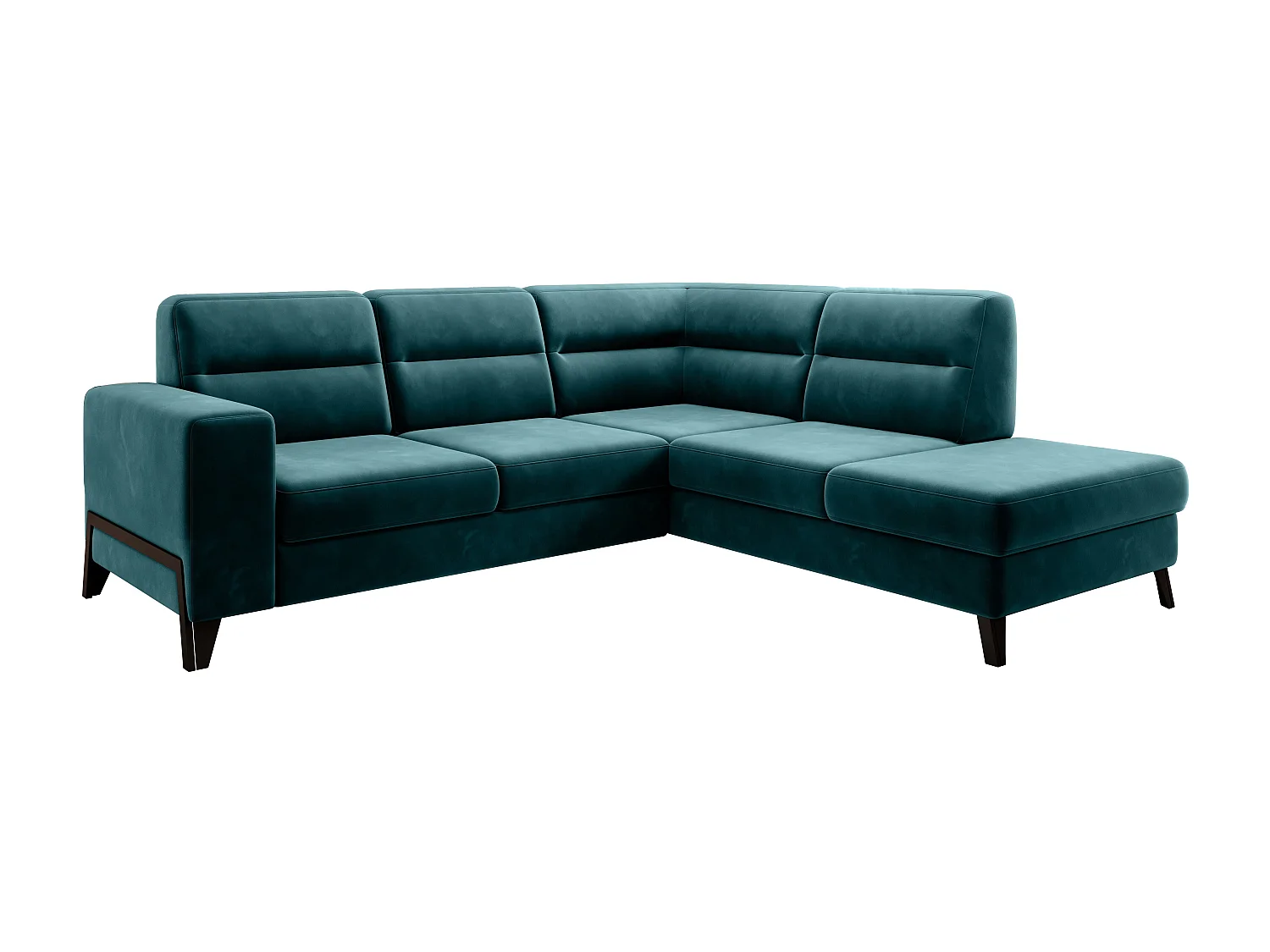 Canapé angle droit convertible tissu vert epinard et pieds acier noir Kassidi 277cm