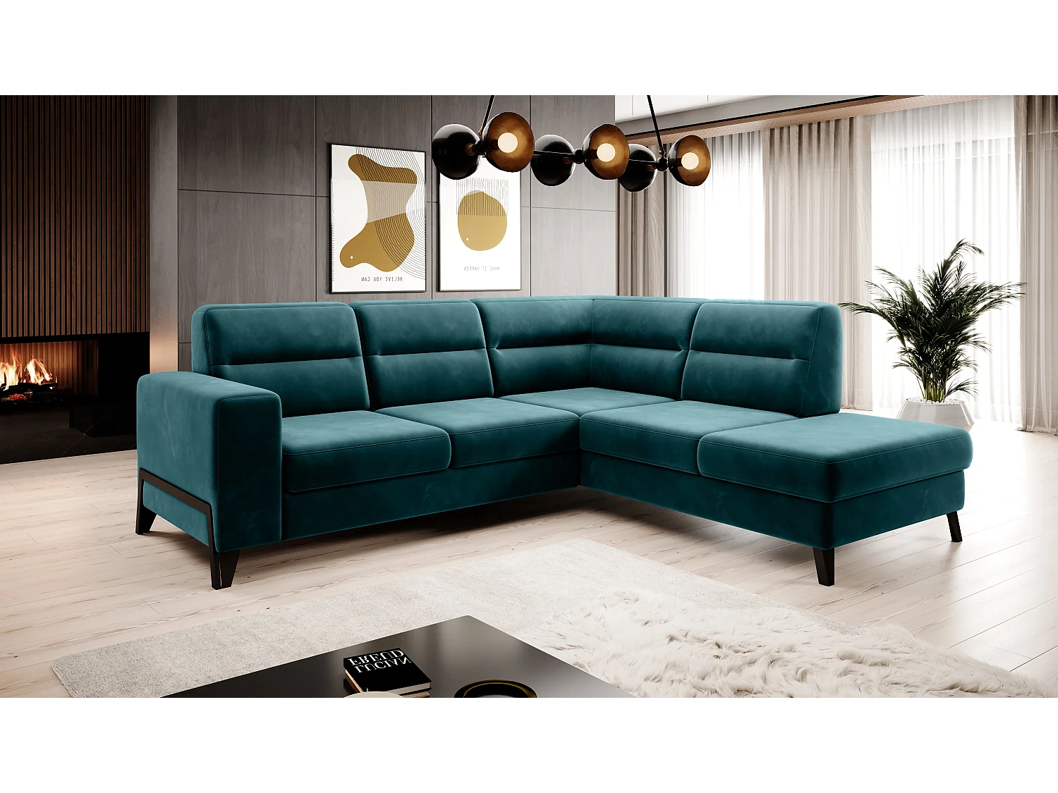 Canapé angle droit convertible tissu vert epinard et pieds acier noir Kassidi 277cm