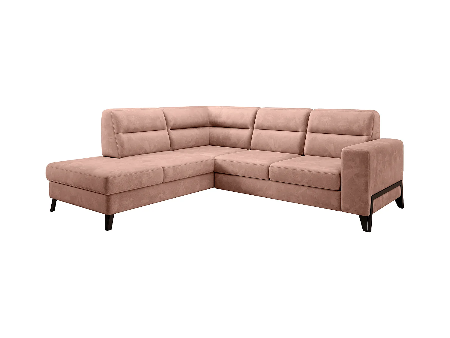 Canapé angle gauche convertible tissu doux abricot clair et pieds acier noir Kassidi 277cm