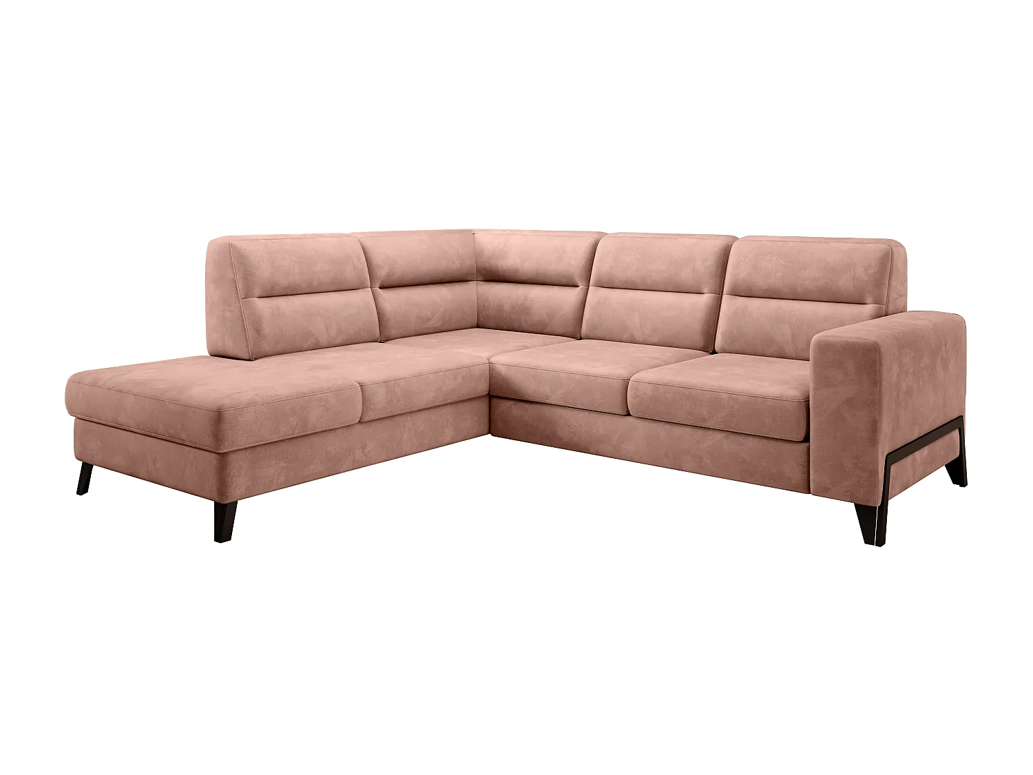 Canapé angle gauche convertible tissu doux abricot clair et pieds acier noir Kassidi 277cm