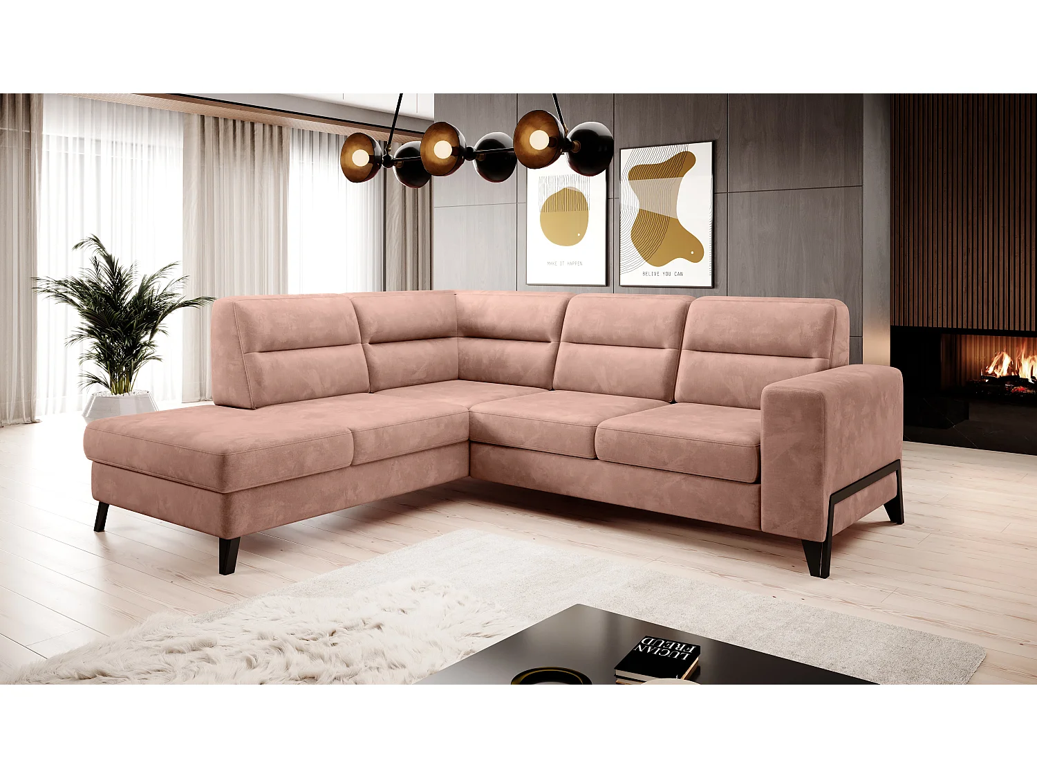 Canapé angle gauche convertible tissu doux abricot clair et pieds acier noir Kassidi 277cm