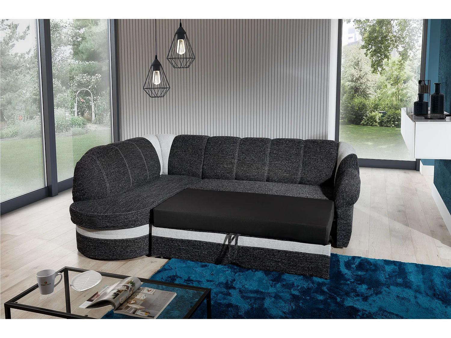 Canapé d'angle gauche convertible simili noir et blanc Sundy 250cm
