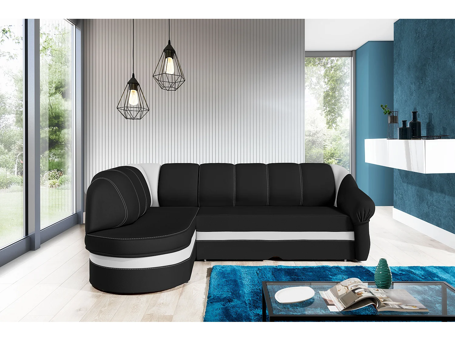 Canapé d'angle gauche convertible simili noir et blanc Sundy 250cm