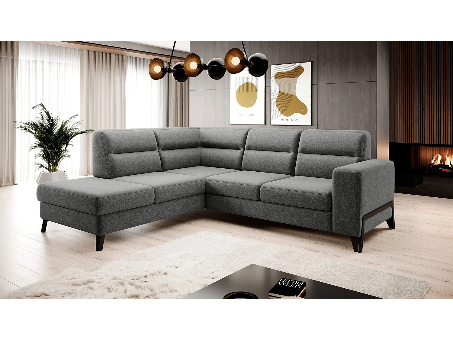 Canapé angle gauche convertible tissu gris clair chiné et pieds acier noir Kassidi 277cm