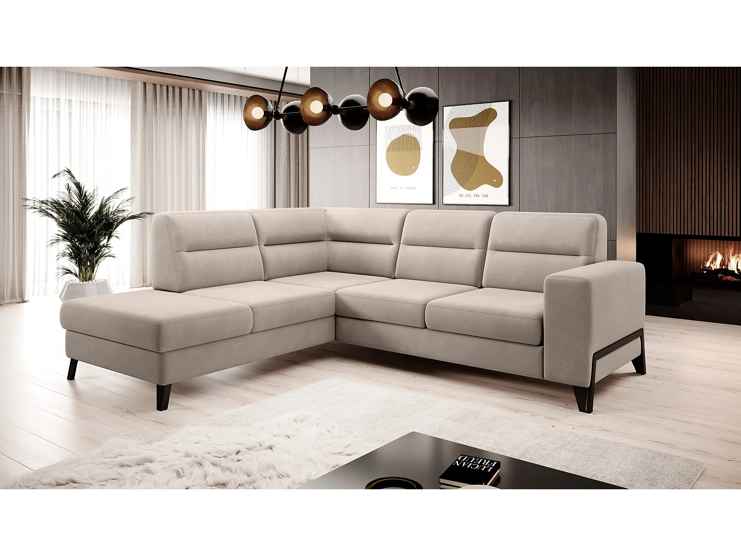 Canapé angle gauche convertible velours beige clair et pieds acier noir Kassidi 277cm