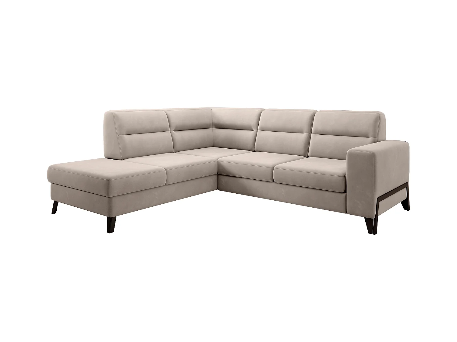 Canapé angle gauche convertible velours beige clair et pieds acier noir Kassidi 277cm