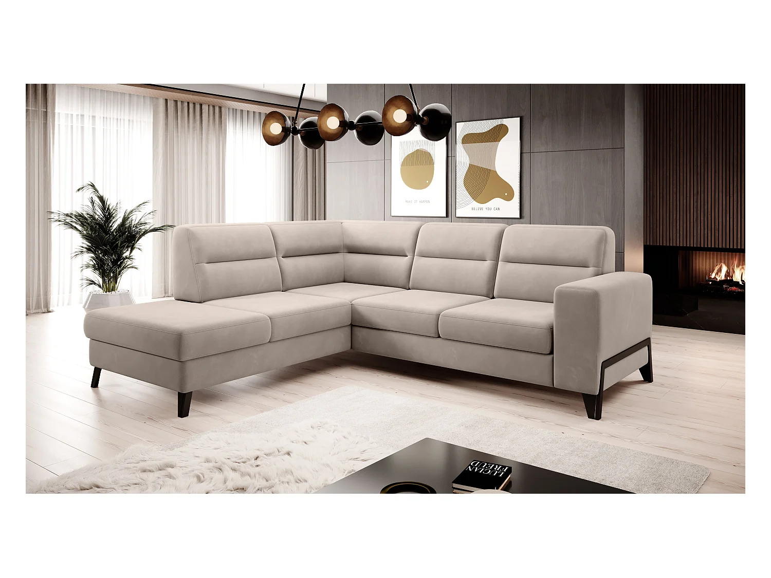 Canapé angle gauche convertible velours beige clair et pieds acier noir Kassidi 277cm