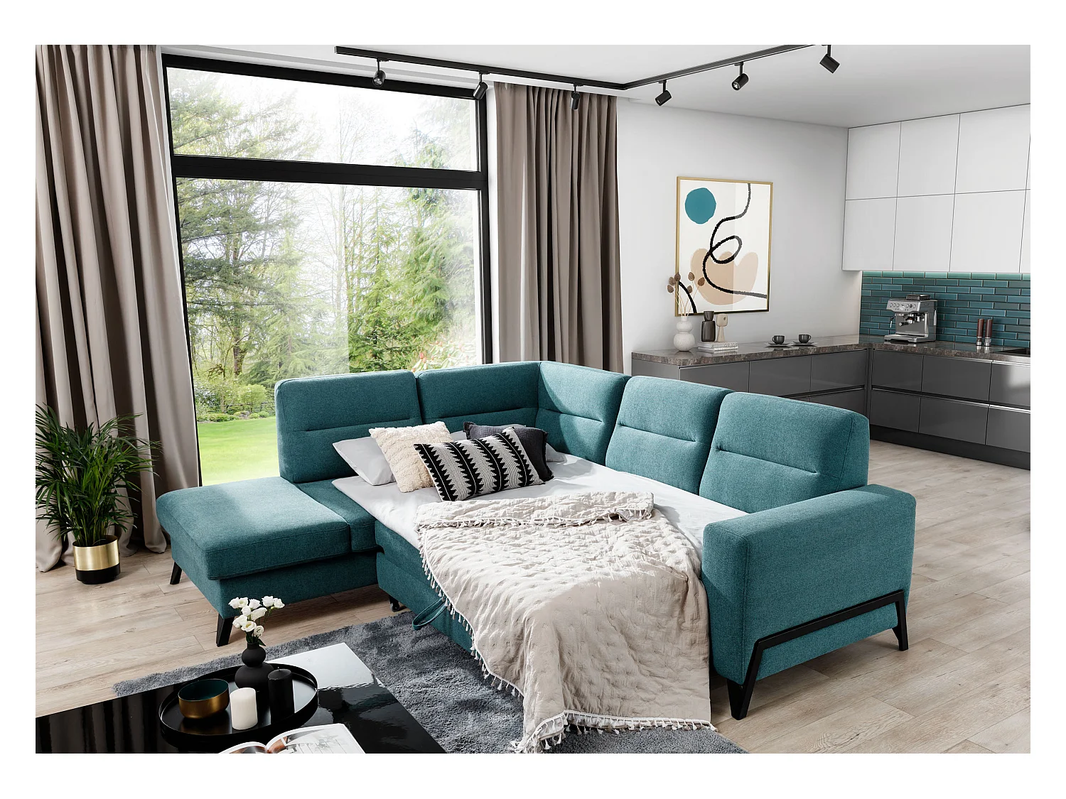 Canapé angle gauche convertible velours beige clair et pieds acier noir Kassidi 277cm