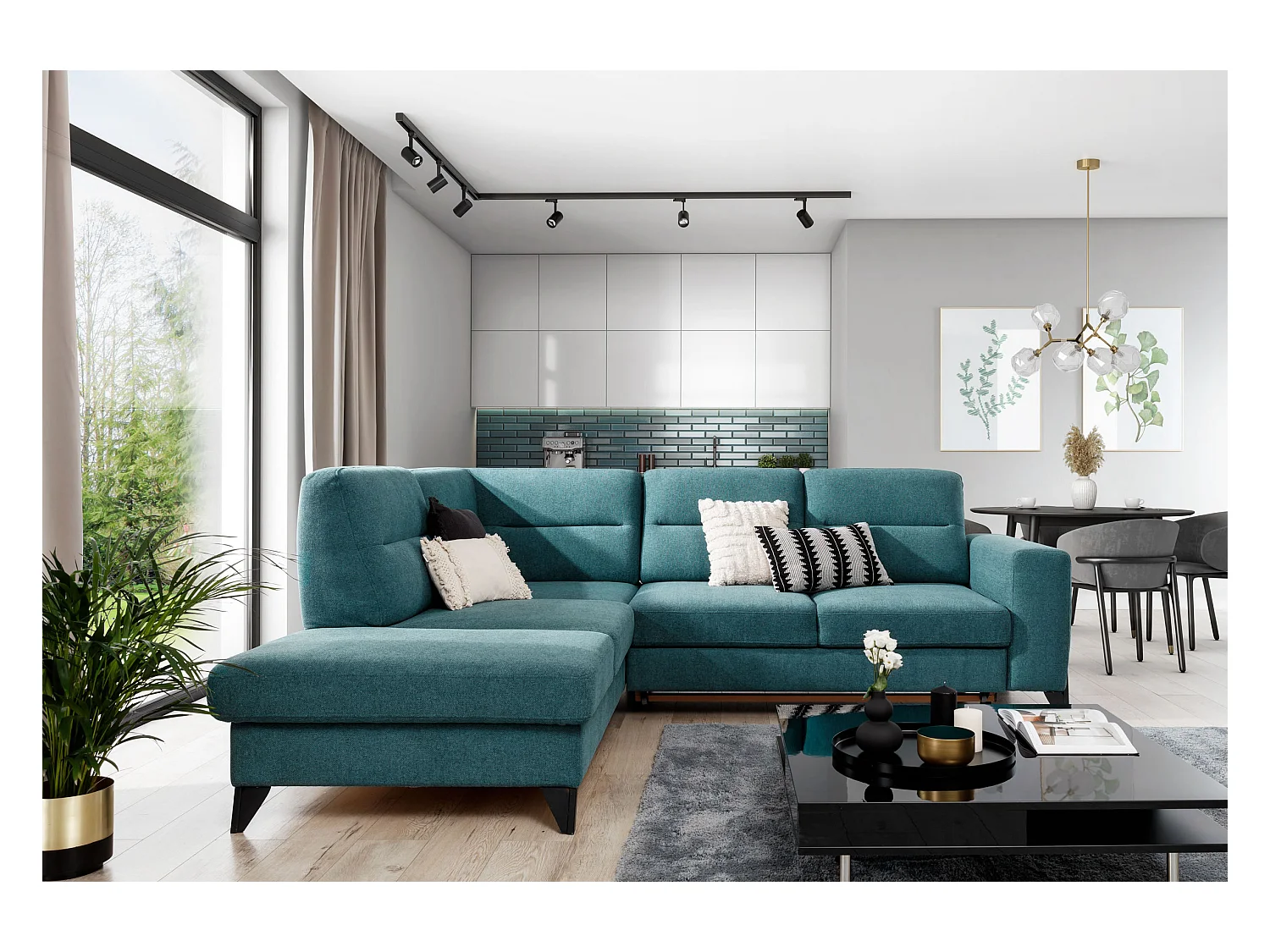 Canapé angle gauche convertible velours beige clair et pieds acier noir Kassidi 277cm