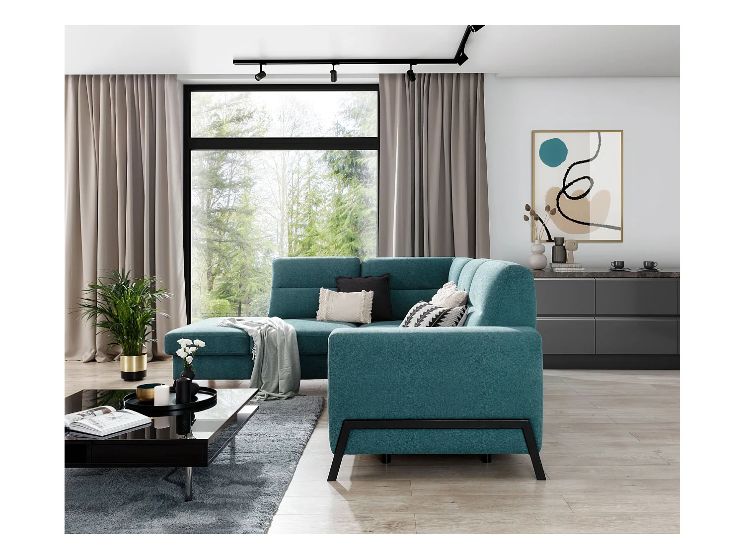 Canapé angle gauche convertible velours beige clair et pieds acier noir Kassidi 277cm