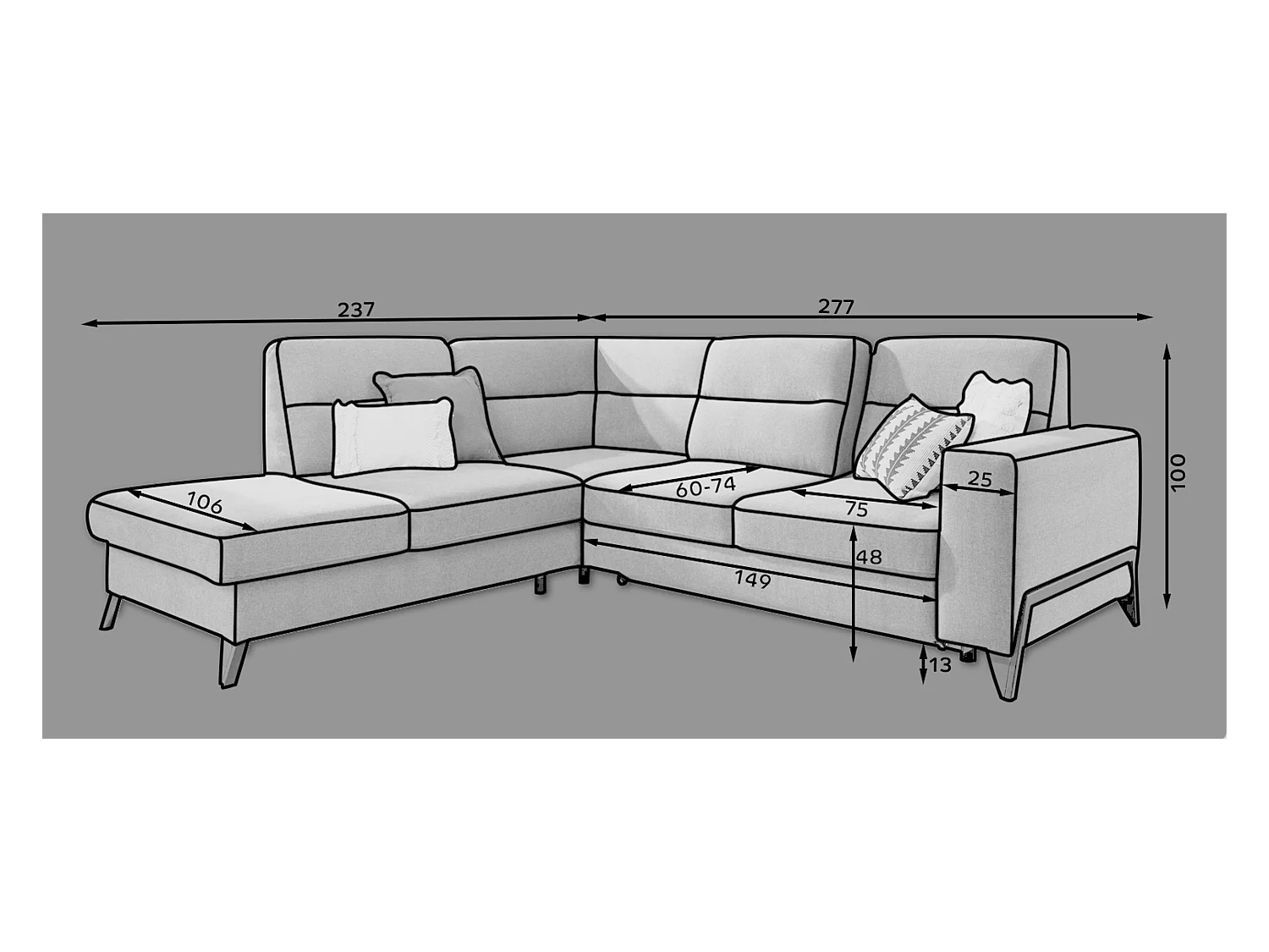 Canapé angle gauche convertible velours beige clair et pieds acier noir Kassidi 277cm