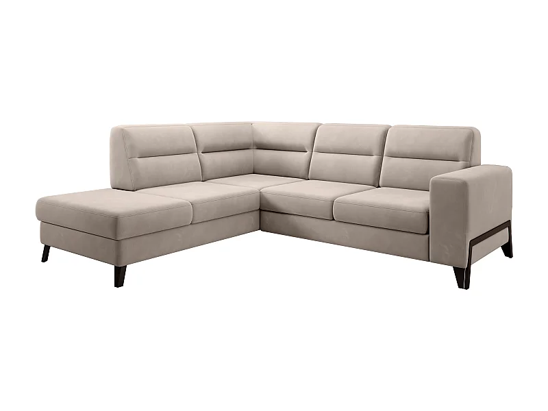 Canapé angle gauche convertible velours beige clair et pieds acier noir Kassidi 277cm