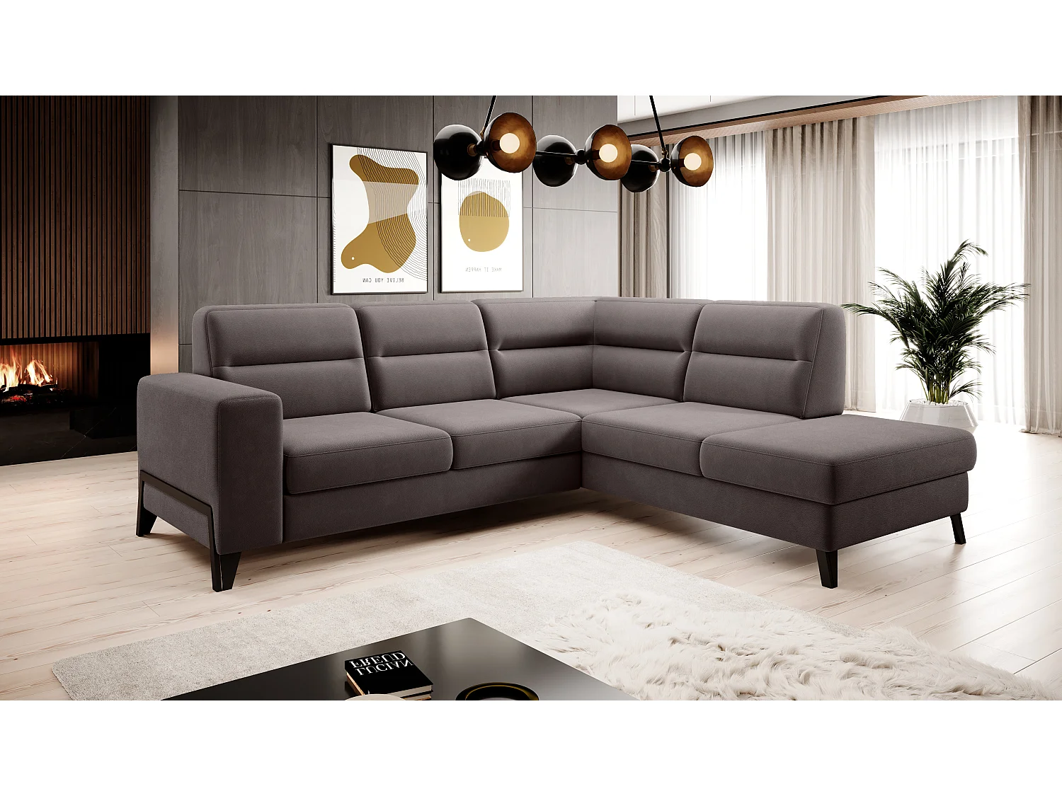 Canapé angle droit convertible tissu marron clair et pieds acier noir Kassidi 277cm