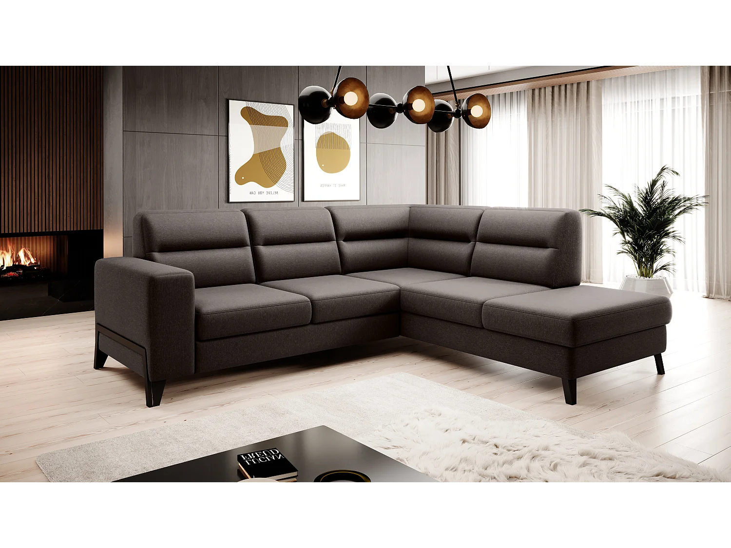 Canapé angle droit convertible tissu chocolat et pieds acier noir Kassidi 277cm