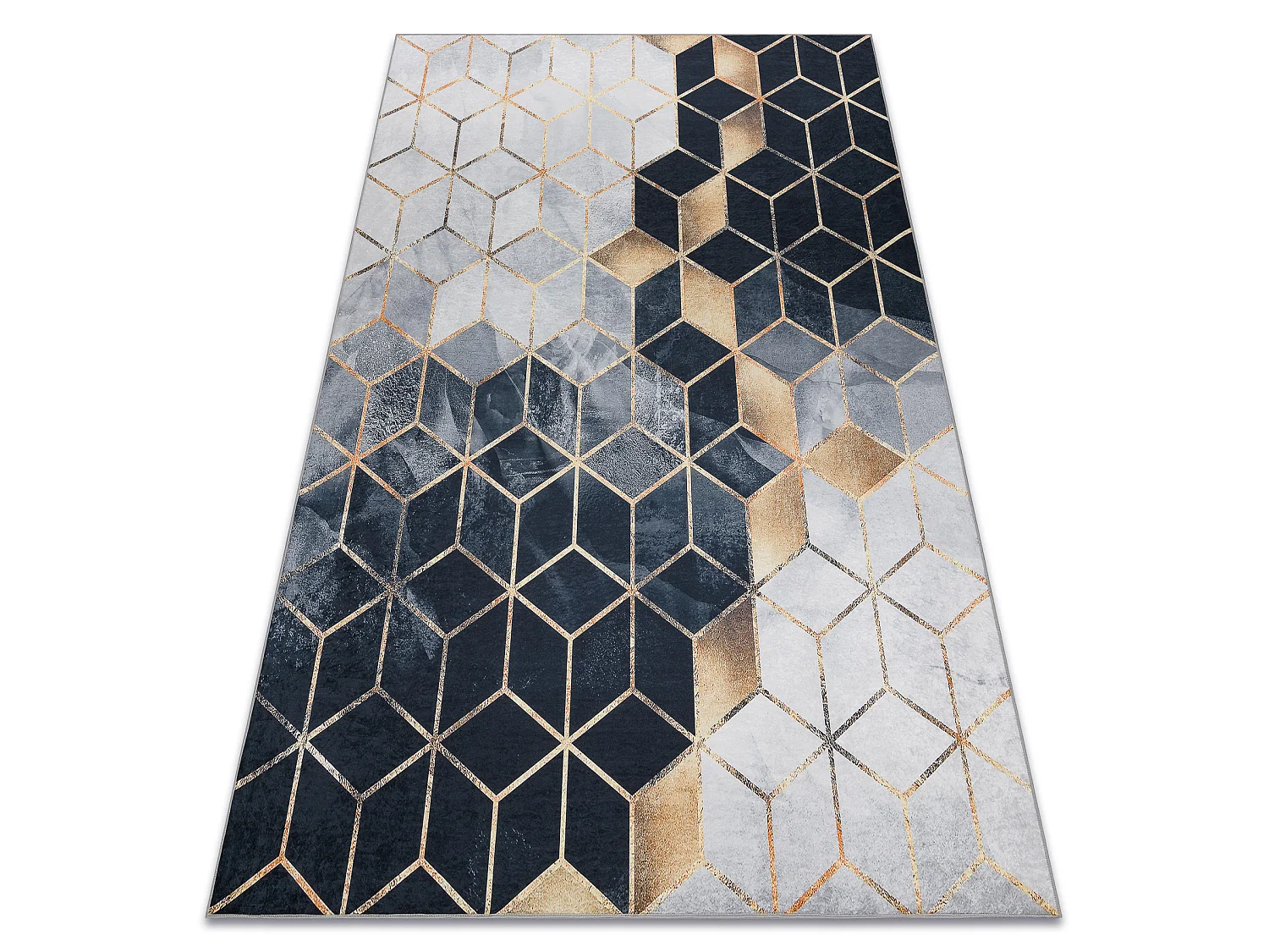ANDRE 1171 tapijt wasbaar Kubus, geometrisch antislip - zwart / goud 120x170 cm