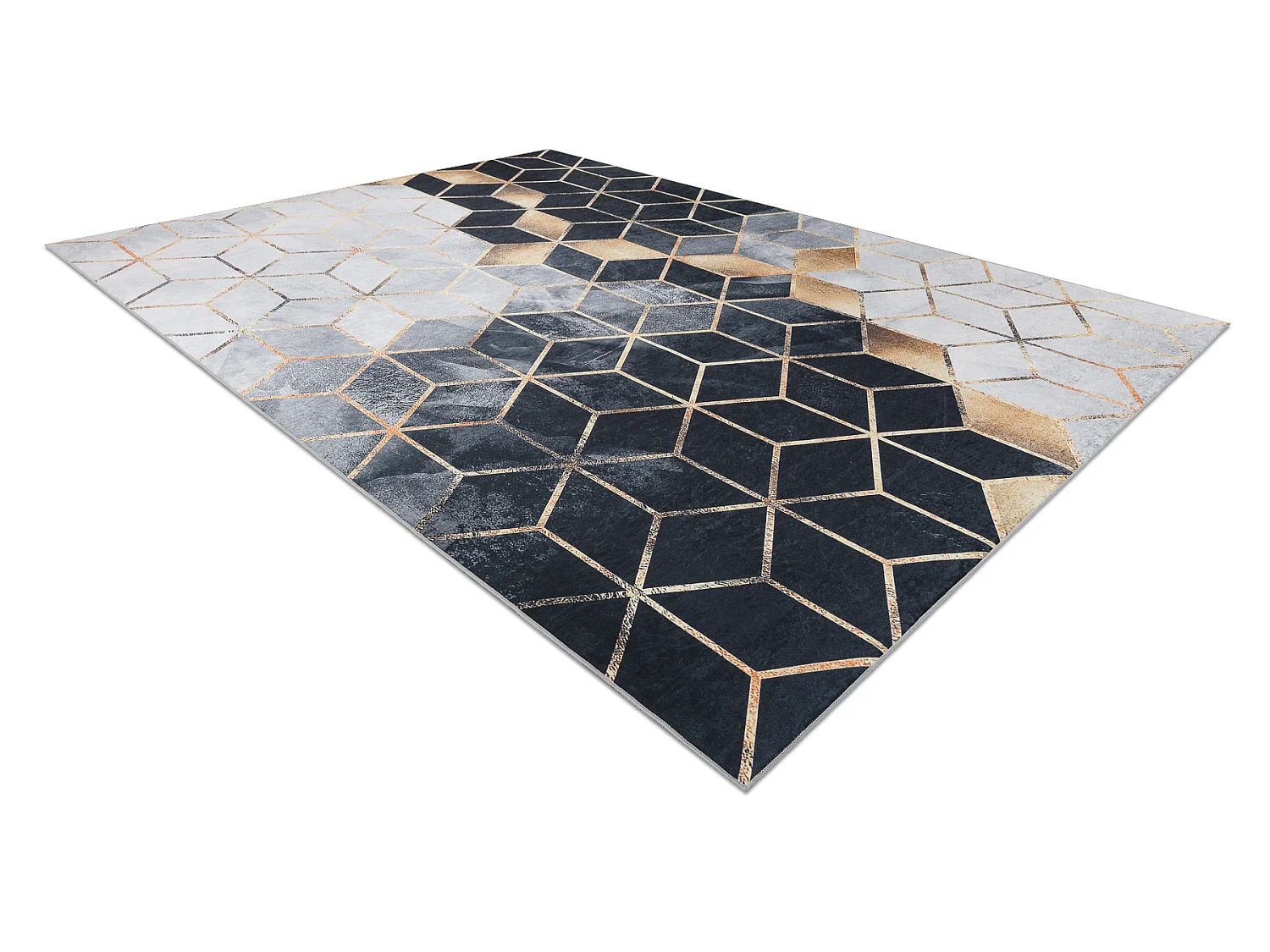 ANDRE 1171 tapijt wasbaar Kubus, geometrisch antislip - zwart / goud 120x170 cm