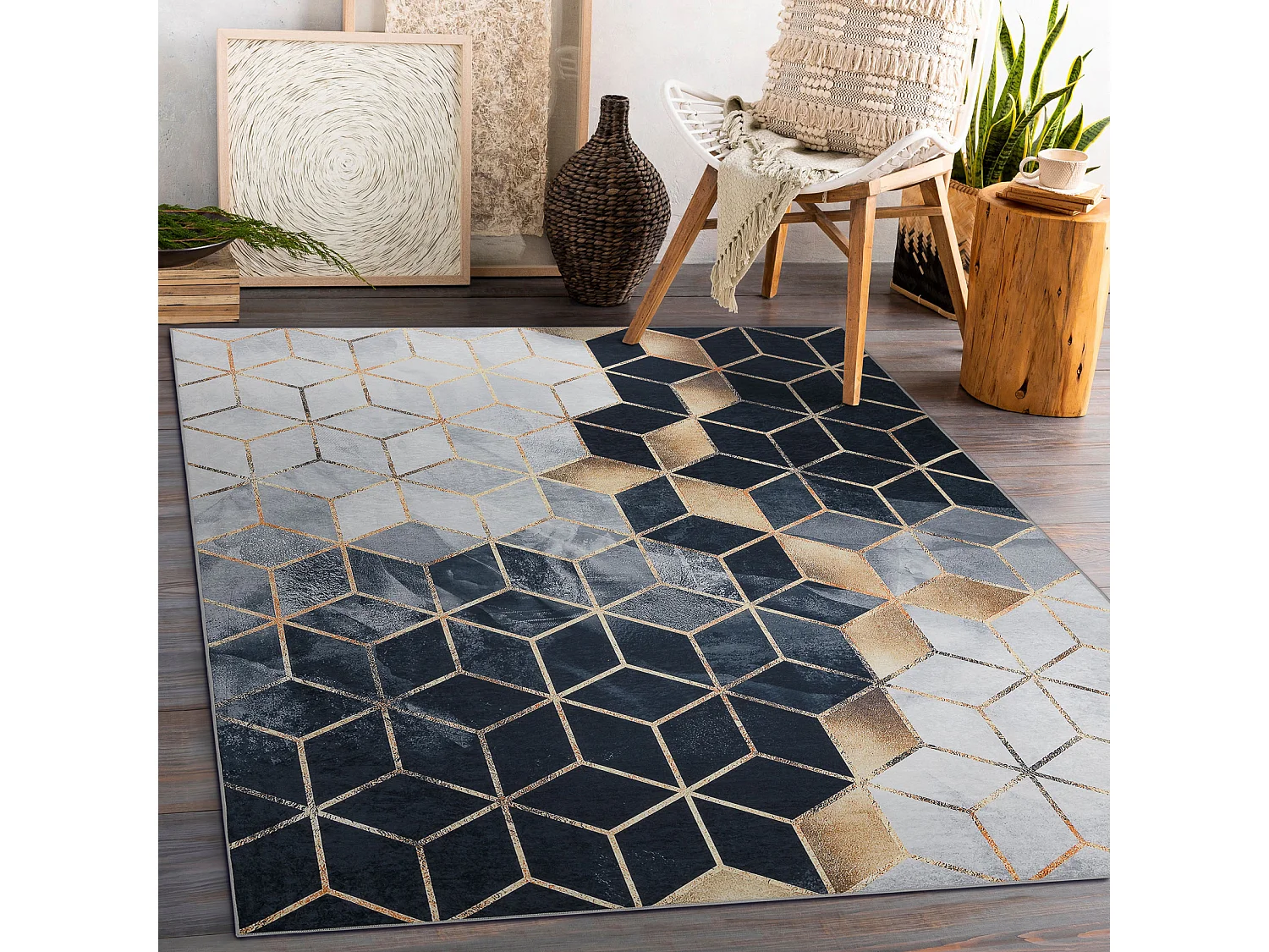 ANDRE 1171 tapijt wasbaar Kubus, geometrisch antislip - zwart / goud 120x170 cm